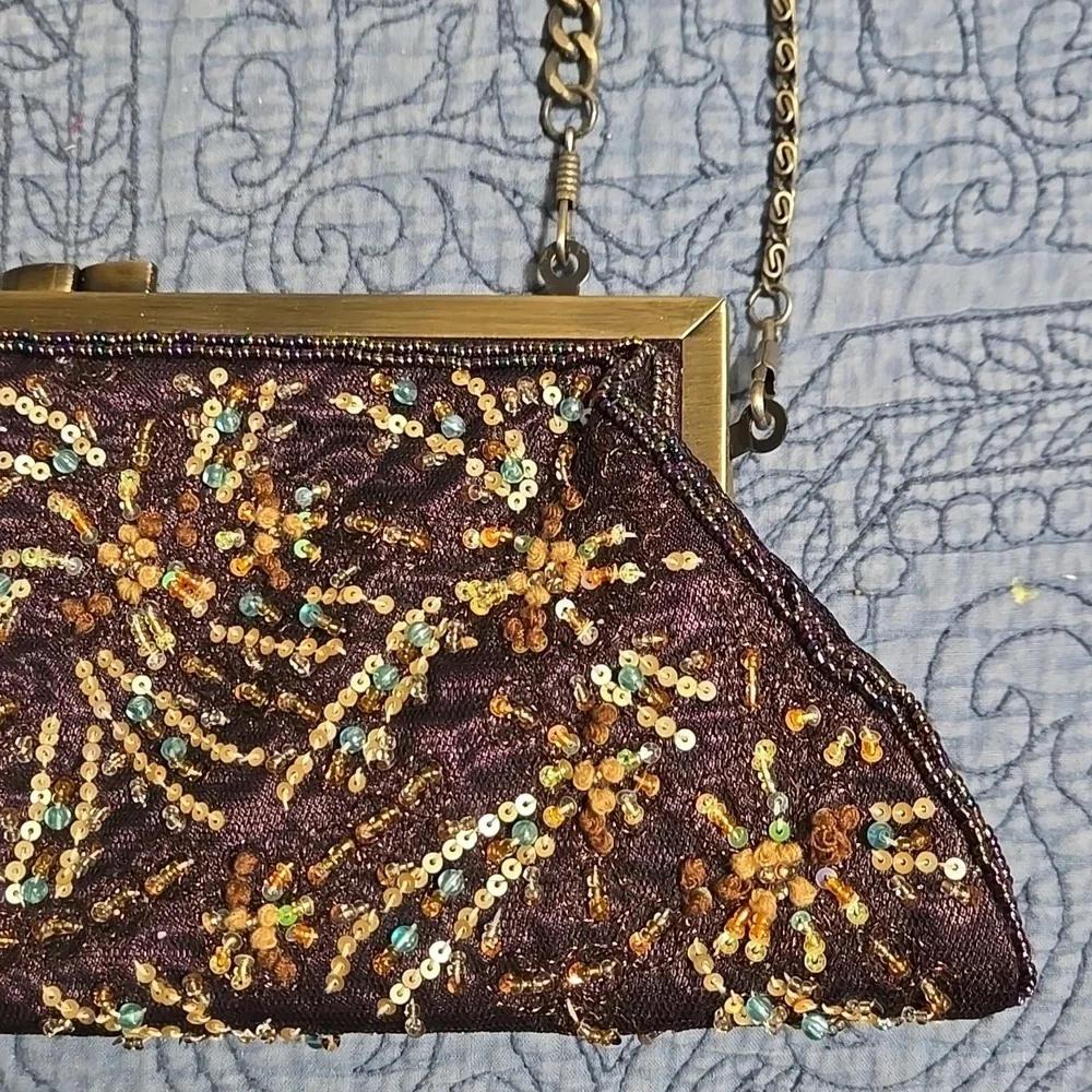 Purple Beaded and Sequin Clutch Bag